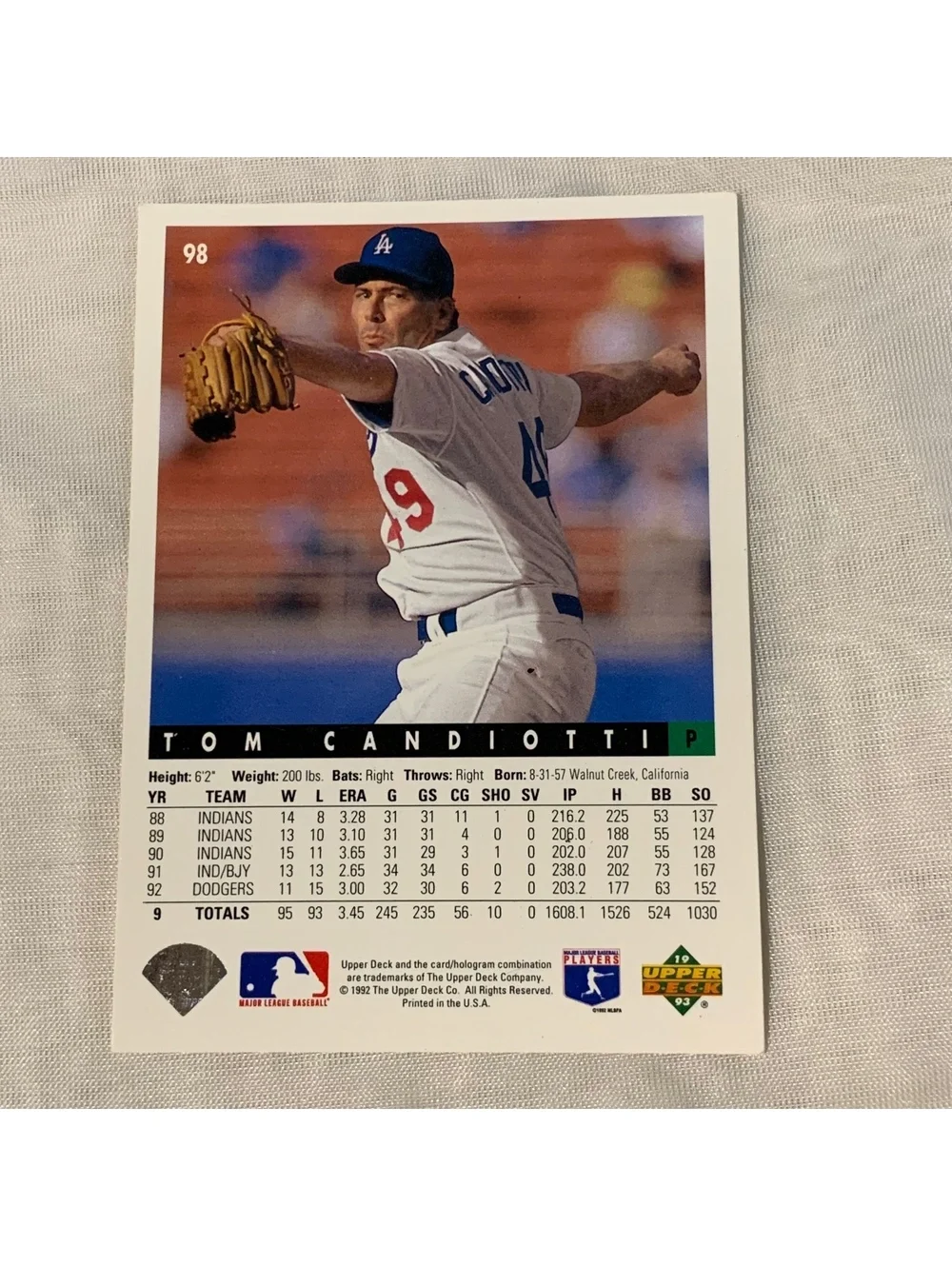1993 Upper Deck Baseball Card #98 Tom Candiotti Los Angeles Dodgers Base